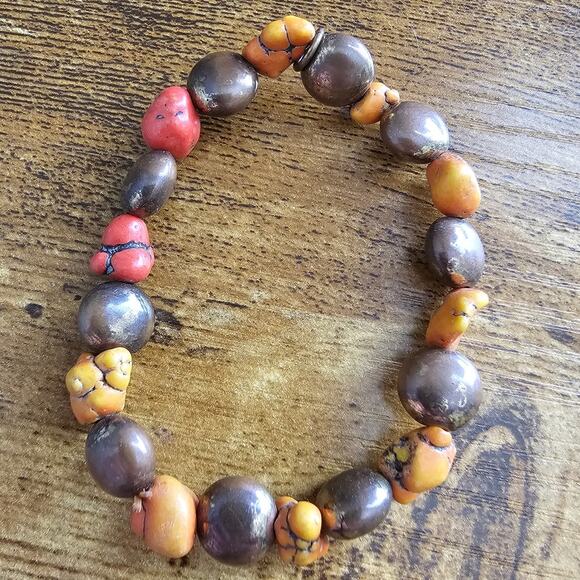 Vintage Y2K Single Strand Beaded Bracelet Silver Tone w/ Yellow and Red Rocks - Picture 1 of 3